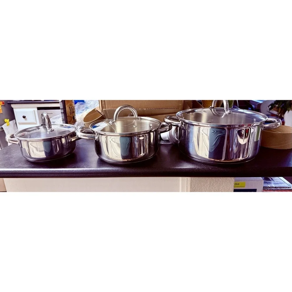Cook N Home Basics Stainless Steel Cookware Sets, 6-Piece Pots and Pans NIB